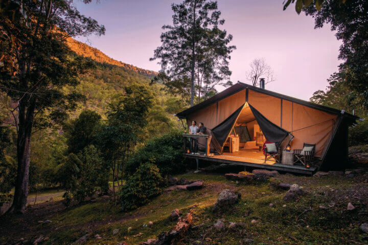 Luxury camping within the Scenic Rim in south east Queensland, Australia at Nightfall