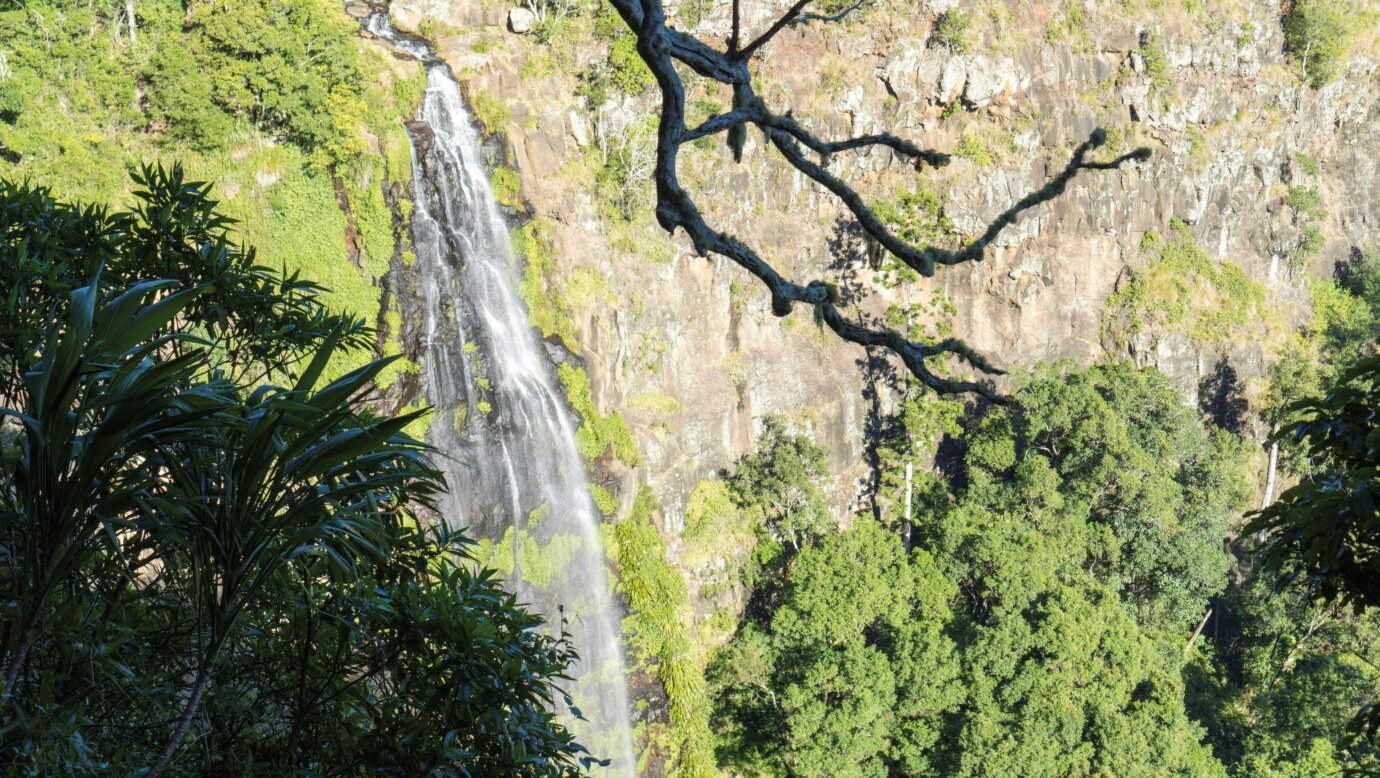 Waterfall tumbling over sheer rock cliff.