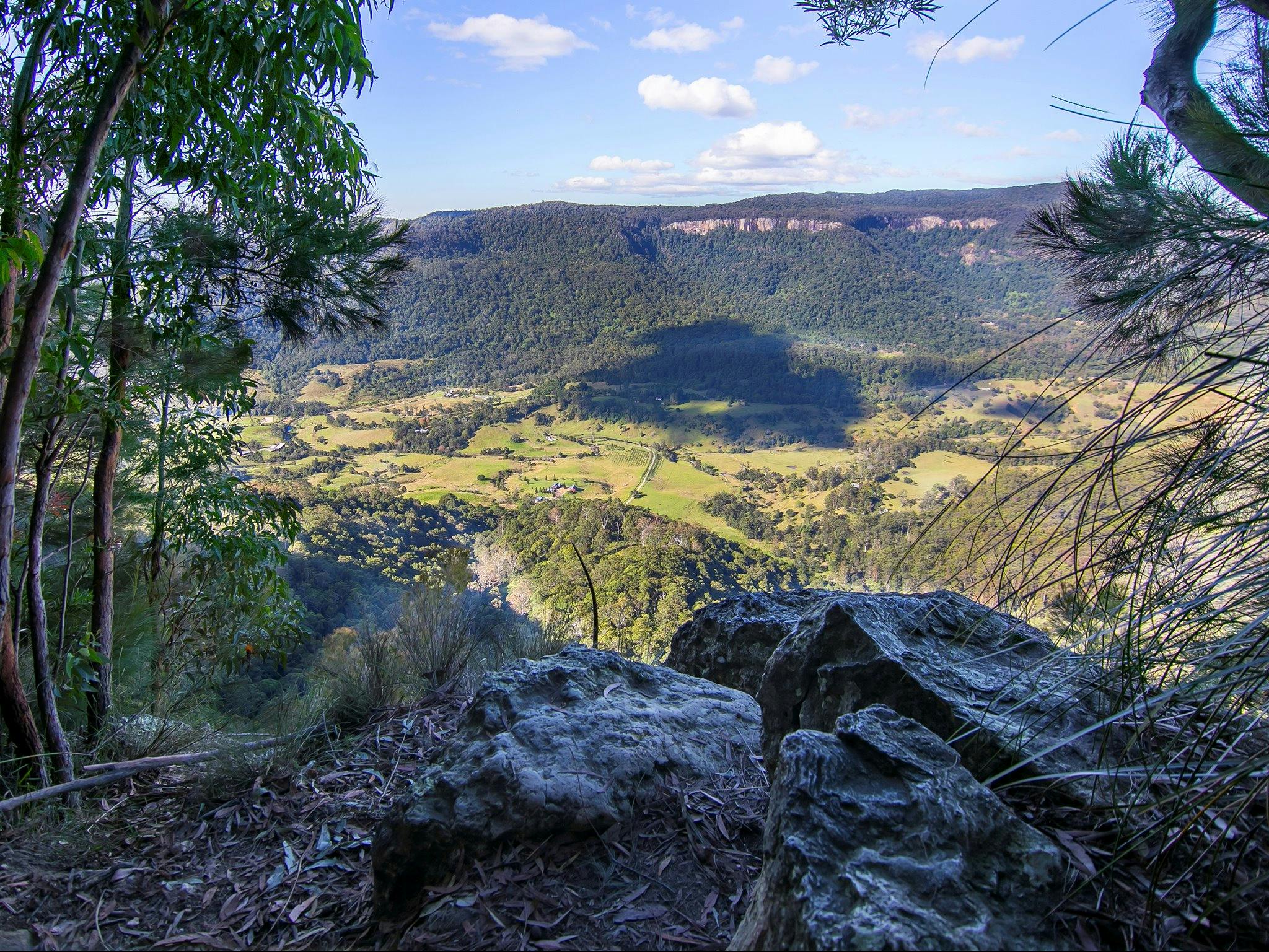 View of mountains, valley and farmland.