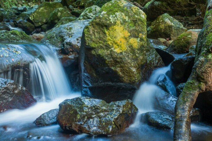 White water cascades over rocks into a rock pool.