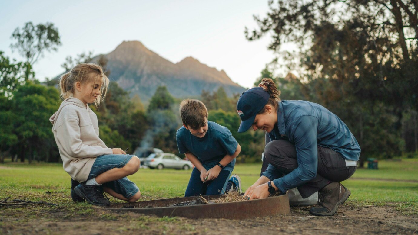 "Light Your Fire" kids activity - learn how in the Mt Barney Lodge campground fireplaces - the