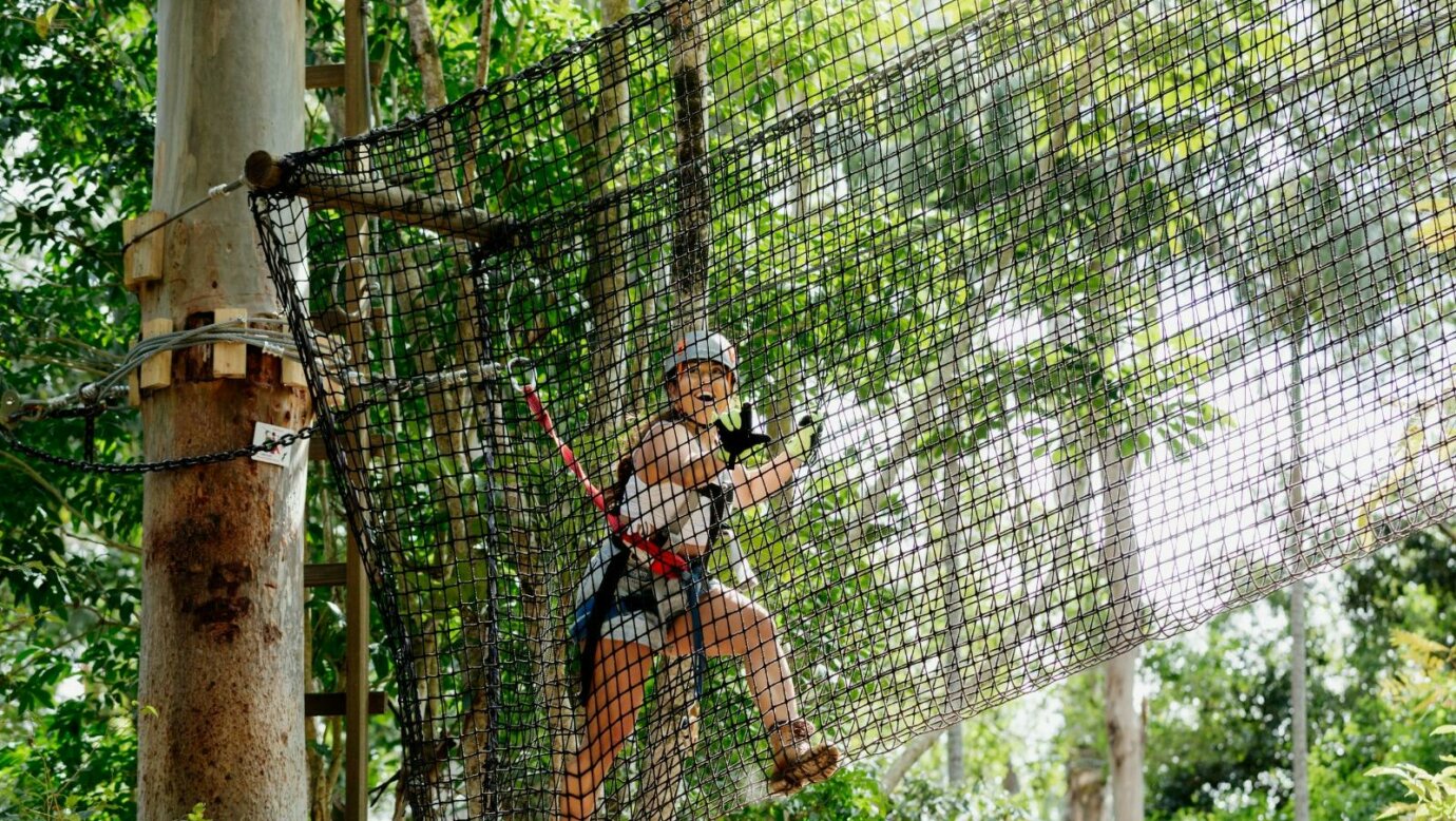 Woman climbing through a net obstacle on the high ropes park surrounded by lush rainforest